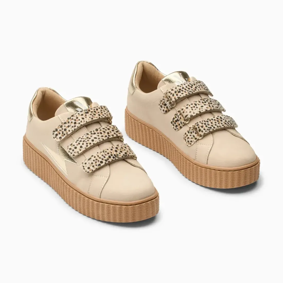 Baskets éclair Aby beige et or à scratchs léopard
