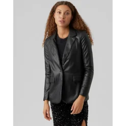 Blazer en simili-cuir Loose Fit Col à revers Longueur regular noir