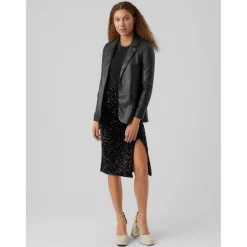 Blazer en simili-cuir Loose Fit Col à revers Longueur regular noir