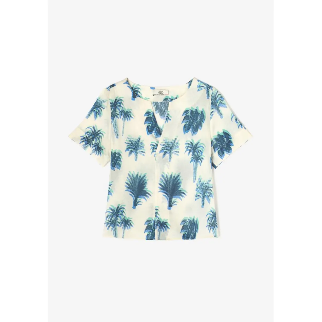 Blouse à motif palmier marine HOPE blanche bleu en coton Pey