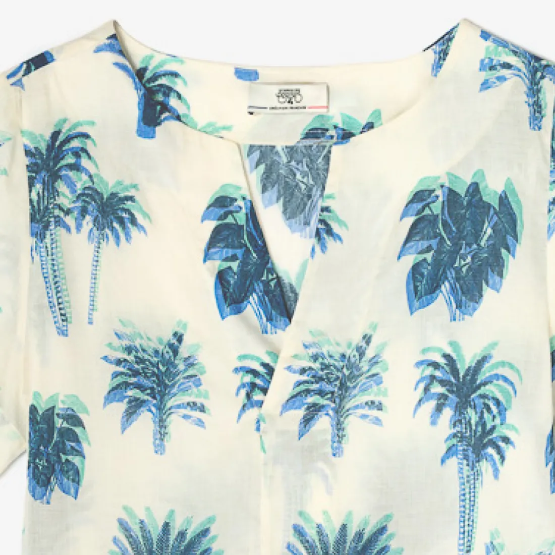 Blouse à motif palmier marine HOPE blanche bleu en coton Pey