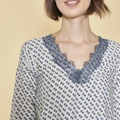 Blouse asymétrique imprimée col V dentelle manches 3/4 femme - Imprimé Écru blanc
