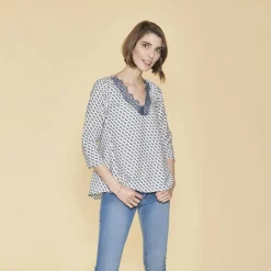 Blouse asymétrique imprimée col V dentelle manches 3/4 femme - Imprimé Écru blanc