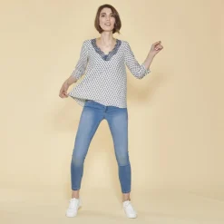 Blouse asymétrique imprimée col V dentelle manches 3/4 femme - Imprimé Écru blanc