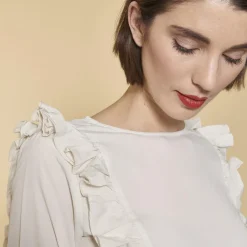 Blouse asymétrique manches longues volants femme - Sable beige