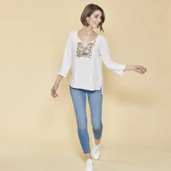 Blouse asymétrique sequins devant manches 3/4 femme - écru blanc en viscose