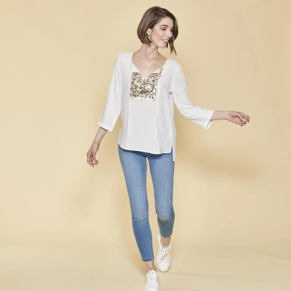 Blouse asymétrique sequins devant manches 3/4 femme - écru blanc en viscose