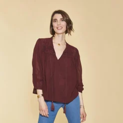 Blouse broderie manches chauve-souris femme - Lie De Vin rouge