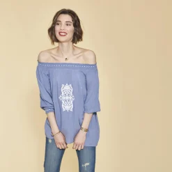Blouse col bateau manches 3/4 broderie femme - Bleu en viscose