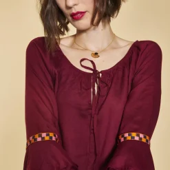 Blouse col caftan manches longues passementerie fronces et volants femme - Rouge Grenat en viscose