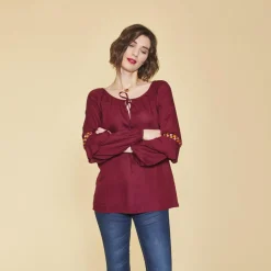 Blouse col caftan manches longues passementerie fronces et volants femme - Rouge Grenat en viscose