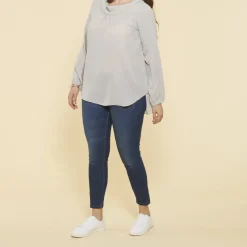 Blouse col drapé devant et V dos avec dentelle manches longues grandes tailles femme - Gris Perle