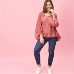 Blouse col V avec application de dentelle Klauda en coton