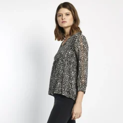 Blouse col V imprimée léopard Célia Noire