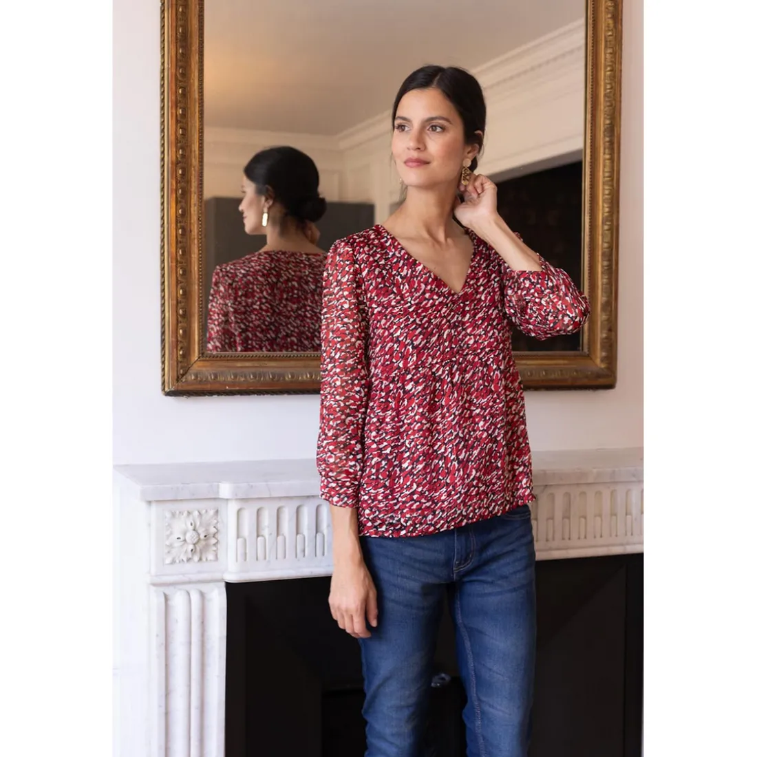 Blouse col V imprimée léopard Célia Rouge