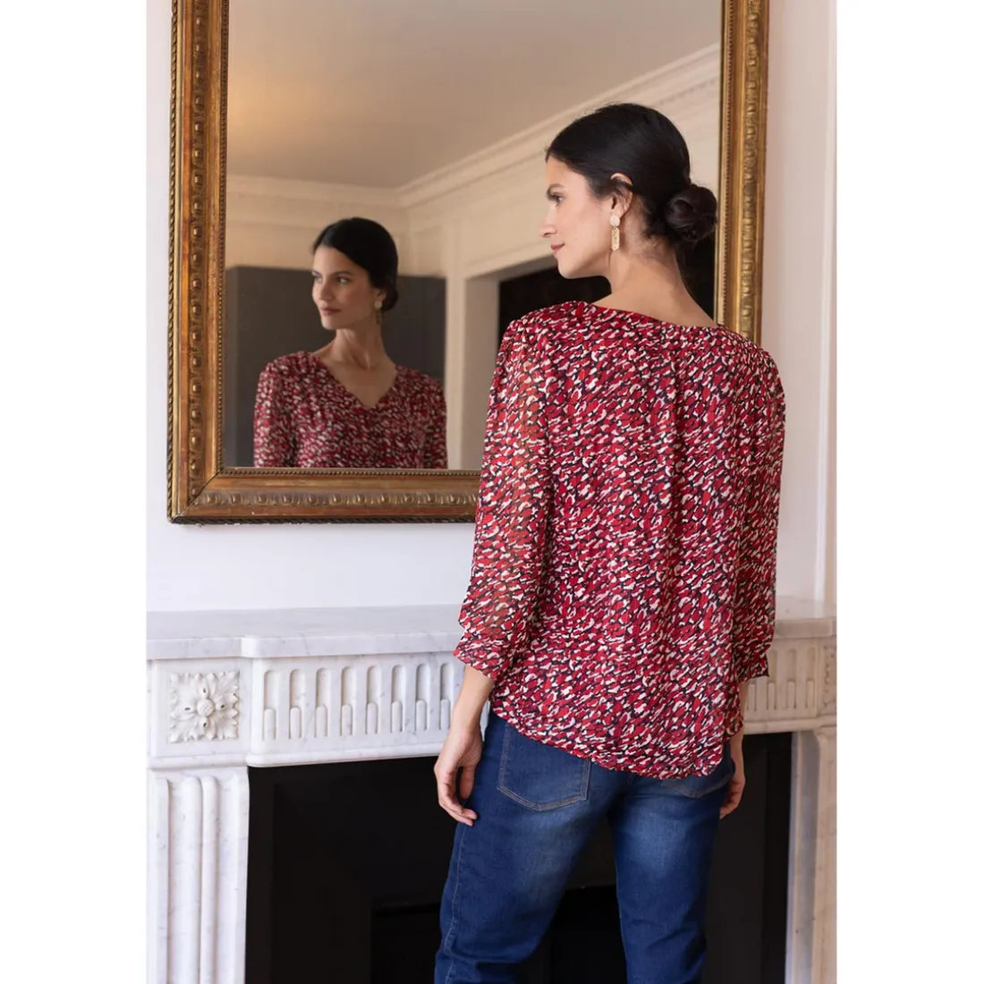 Blouse col V imprimée léopard Célia Rouge