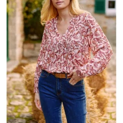 Blouse DOUCIE palmette en viscose rose