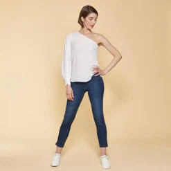 Blouse encolure asymétrique une manche femme - Blanc en laine
