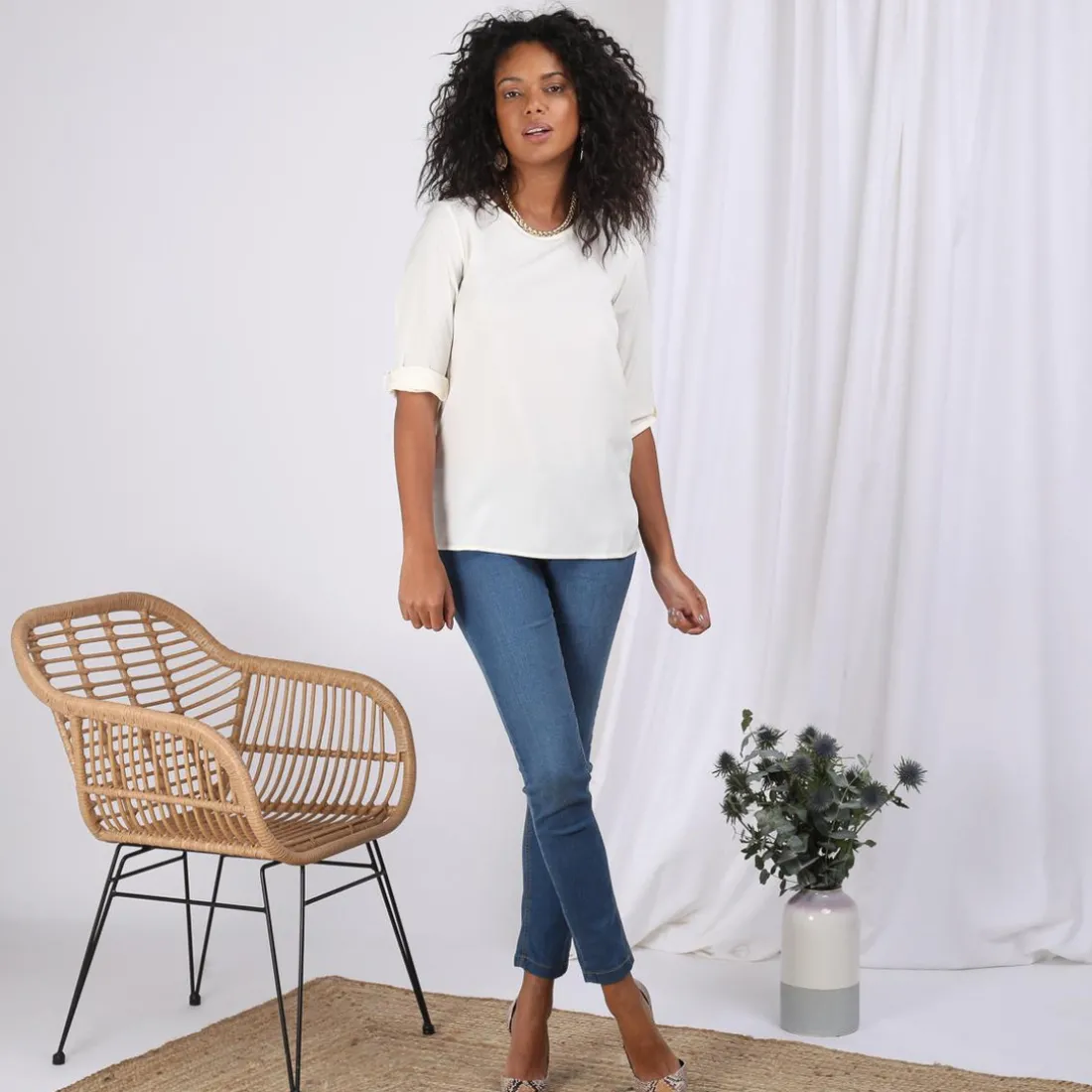 Blouse fendue manches 3/4 ajustables femme - écru blanc