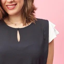 Blouse fendue volants aux manches courtes femme - LOT noir