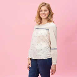 Blouse froncée manches longues broderie femme - Beige blanc en coton