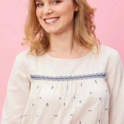 Blouse froncée manches longues broderie femme - Beige blanc en coton