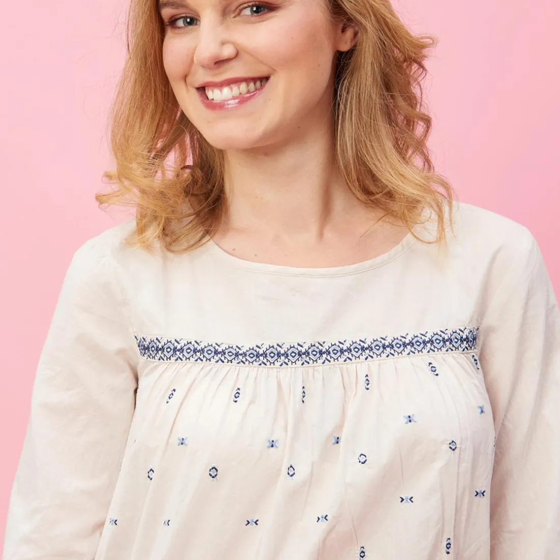 Blouse froncée manches longues broderie femme - Beige blanc en coton