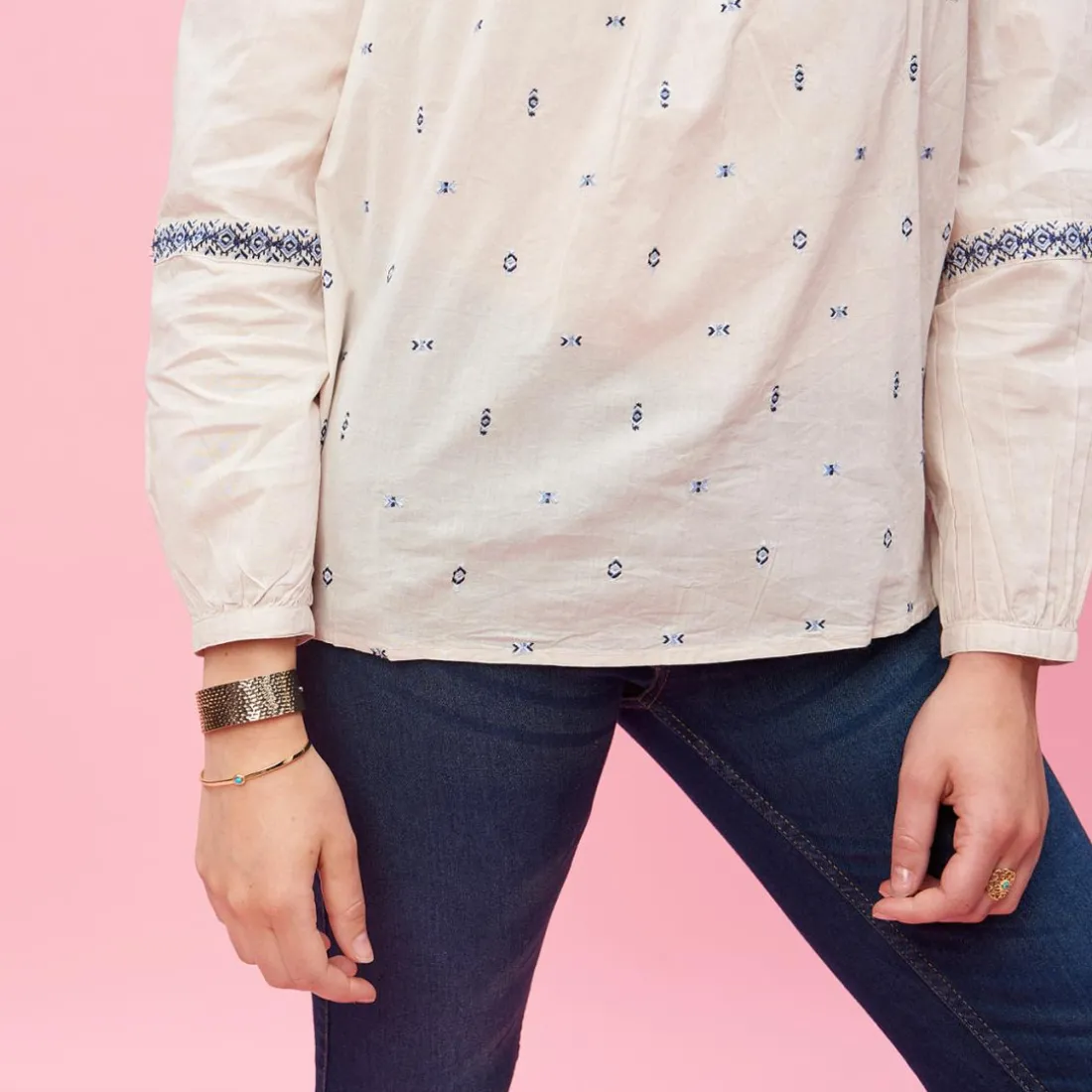 Blouse froncée manches longues broderie femme - Beige blanc en coton