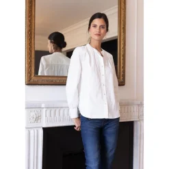 Blouse froncée manches longues femme - Blanc en coton