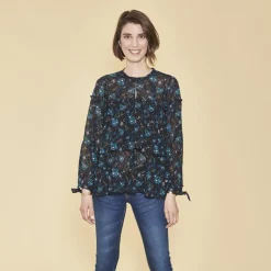 Blouse imprimée à volants manches longues à nouer femme - Imprimé Bleu Indigo