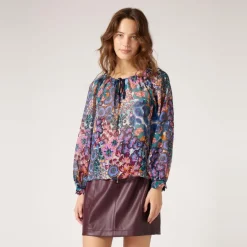 Blouse imprimée col avec lien bleu