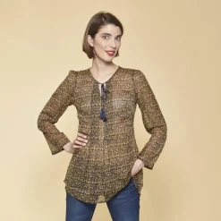 Blouse imprimée manches longues col caftan jeux de plis femme - Imprimé Bleu Marine