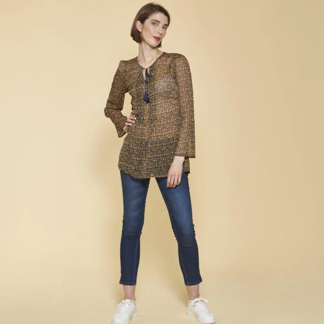 Blouse imprimée manches longues col caftan jeux de plis femme - Imprimé Bleu Marine