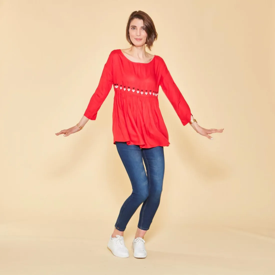 Blouse manches 3/4 ajustables broderie taille effet froncé femme - Rouge en viscose