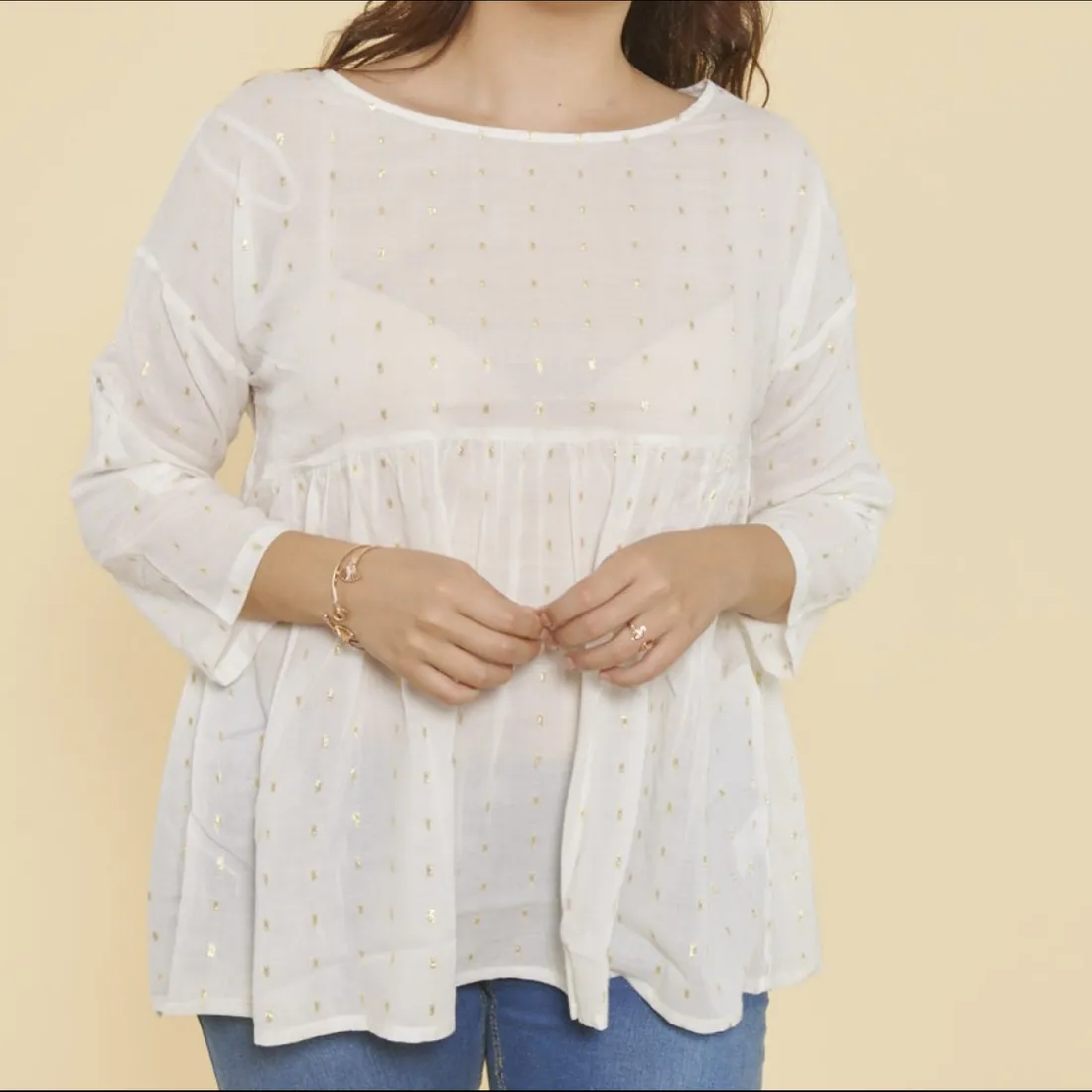 Blouse manches 3/4 ajustables taille froncée femme - écru blanc en coton