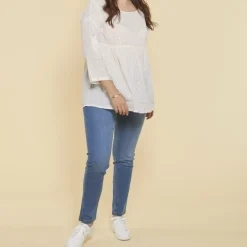 Blouse manches 3/4 ajustables taille froncée femme - écru blanc en coton