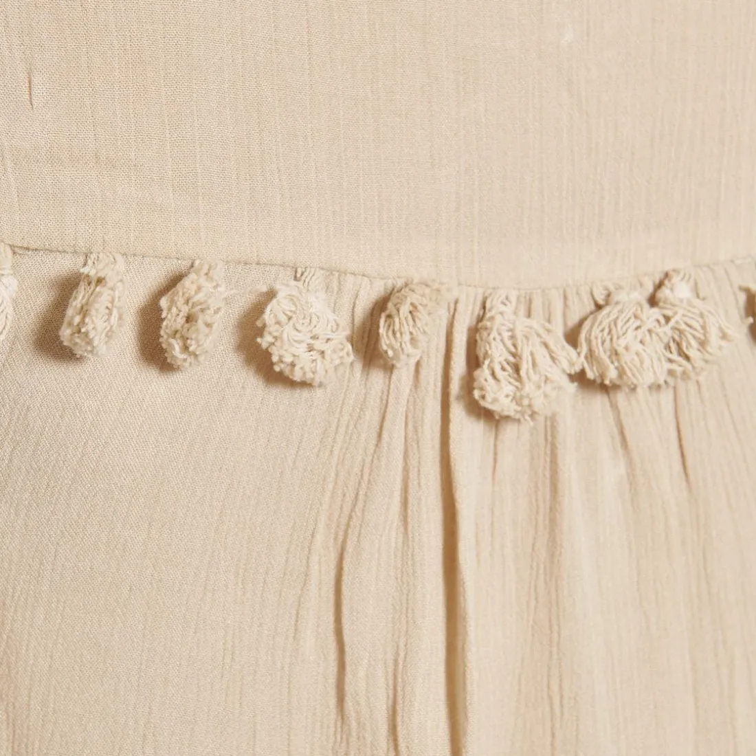 Blouse manches 3/4 bouffantes et pompons femme - Beige Clair en viscose