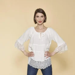 Blouse manches 3/4 pans froncés et volants femme - écru blanc en viscose