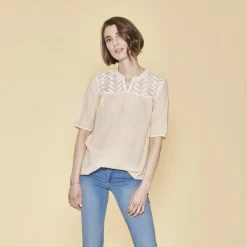 Blouse manches courtes broderie et fronces femme - Jaune en coton