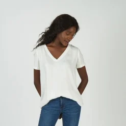 Blouse manches courtes col V détail dentelle Donna en viscose
