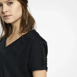 Blouse manches courtes col V détail dentelle Donna noir en viscose