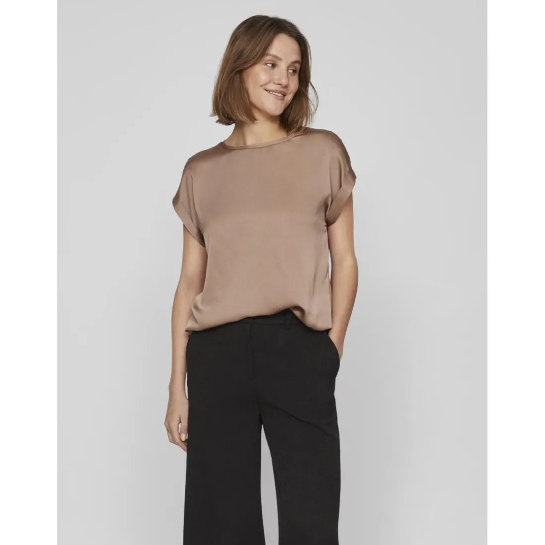 Blouse manches courtes en satin Ellette marron Aria