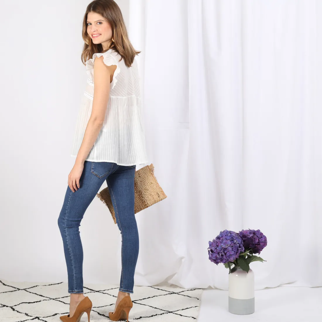 Blouse manches courtes rayures lurex Celeste en coton