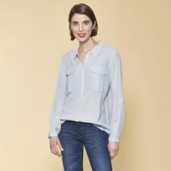 Blouse manches longues ajustables femme - Bleu Ciel