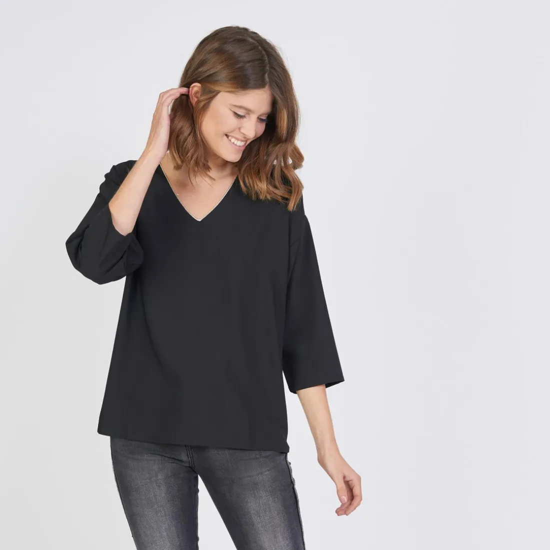 Blouse manches longues col V doré Emilie noir