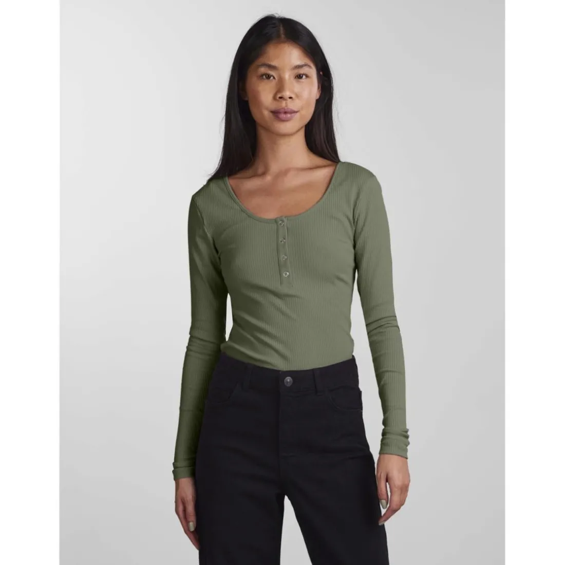 Blouse manches longues col rond vert Olia