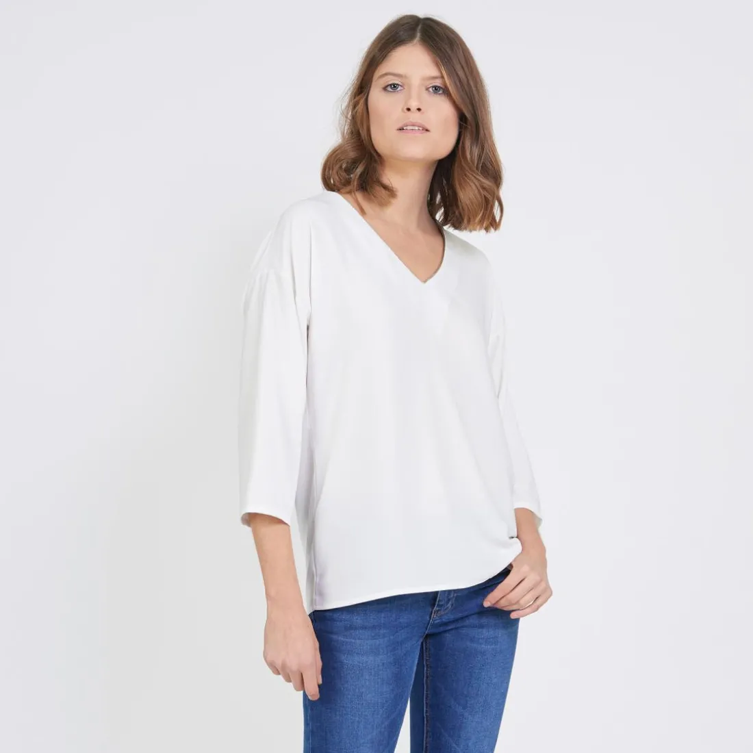 Blouse manches longues col V doré Emilie écru