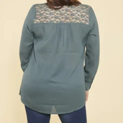 Blouse manches longues col V et poignets avec dentelle grandes tailles femme - Vert Bouteille