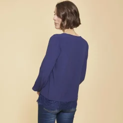 Blouse manches longues détail dentelle bleu marine