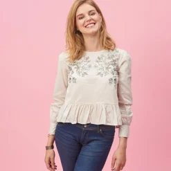 Blouse manches longues détails broderie et bas volanté 3 Suisses femme - Beige en coton